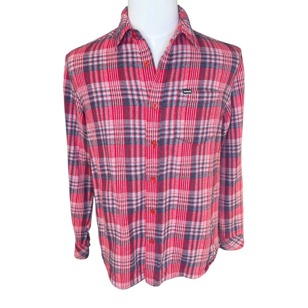 Hurley Mens Plaid Flannel Button Down Shirt Red Navy Blue‎ Holiday Small